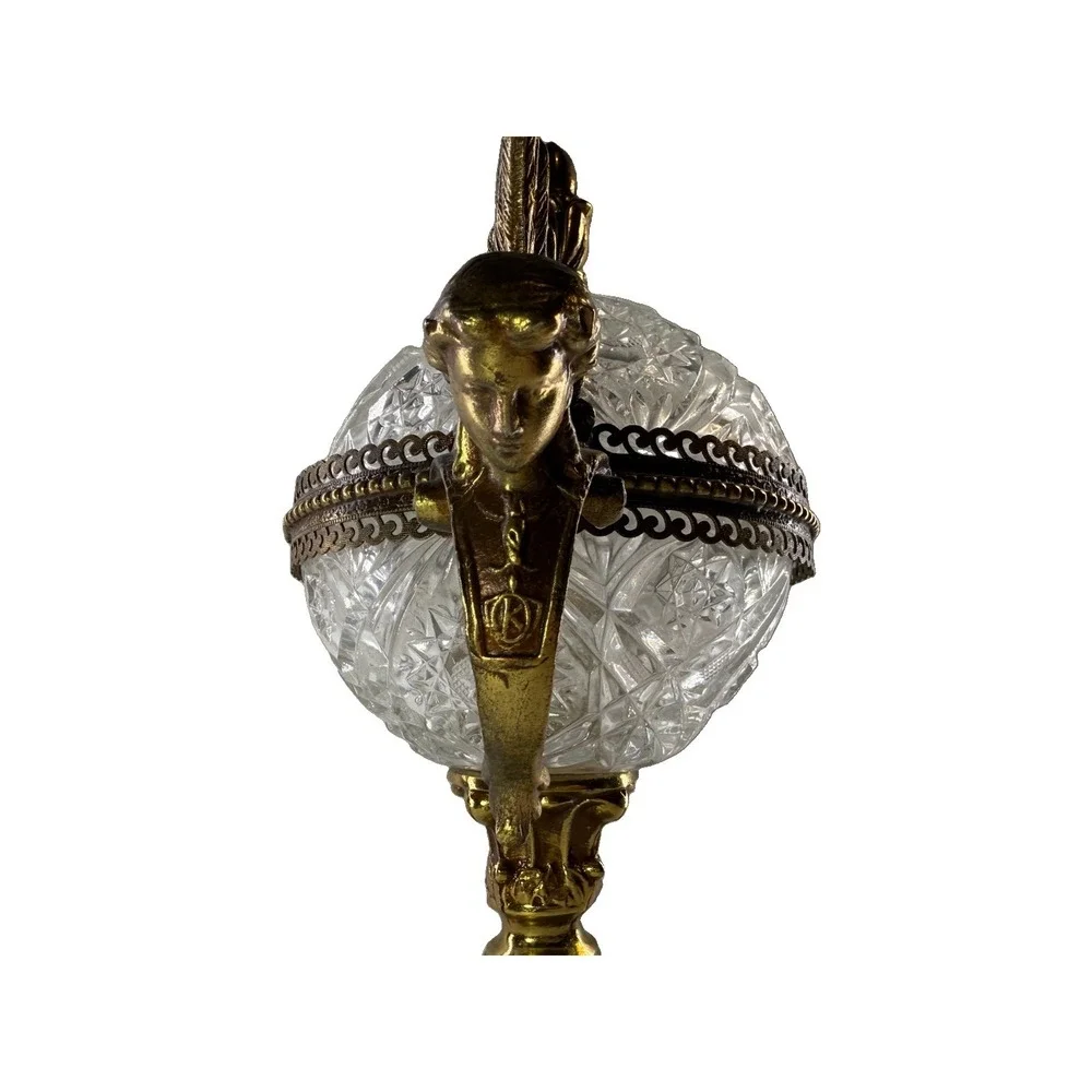 Vintage Hollywood Regency Cut Crystal Candy Dish Brass Cherub Lidded Compote